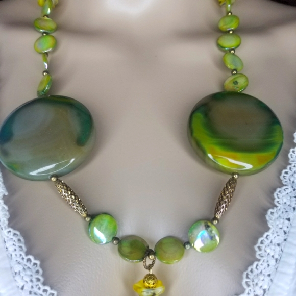 Green With Envy Lampwork & Inlaid Foil Bead Necklace - Picture 3 of 4